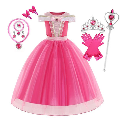 Sleeping Beauty Aurora Princess Dress Cosplay Off Shoulder Kids Gifts Fancy Halloween Party Girl Baby Lace Dress Set