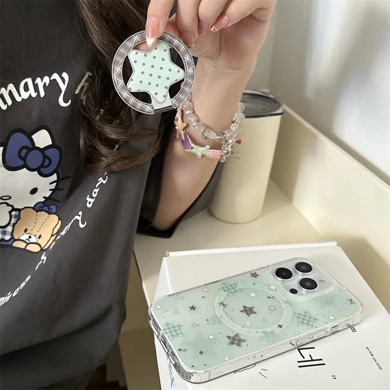 Fashion Mint Green Polka Dot Star Magnetic Stand Phone Case For iPhone 17 16 Pro 15 14 Pro Max Cover For Magsafe Cases Cute Capa