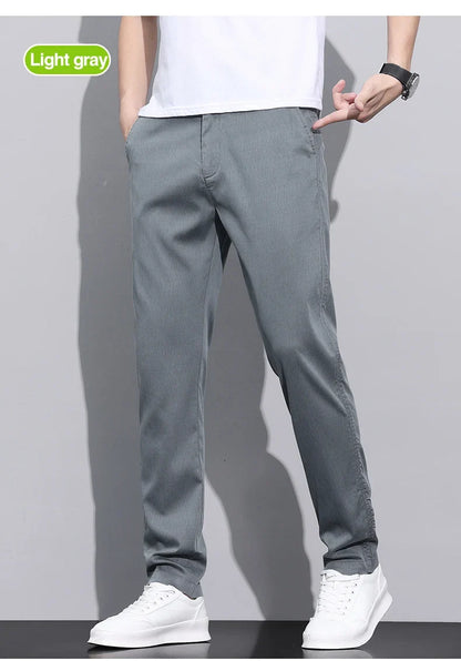 Fiber Fabric Summer Men's Casual Pants Fashion Thin Soft Breathable Elastic Business Slim Straight Trousers Black Gray