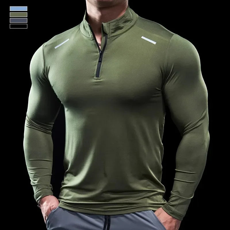 Men Stand Collar Zipper T-shirt Gym Running Training Fitness Bodybuilding Sport Top Quality Elastic Long Sleeve Tight Tops Tees