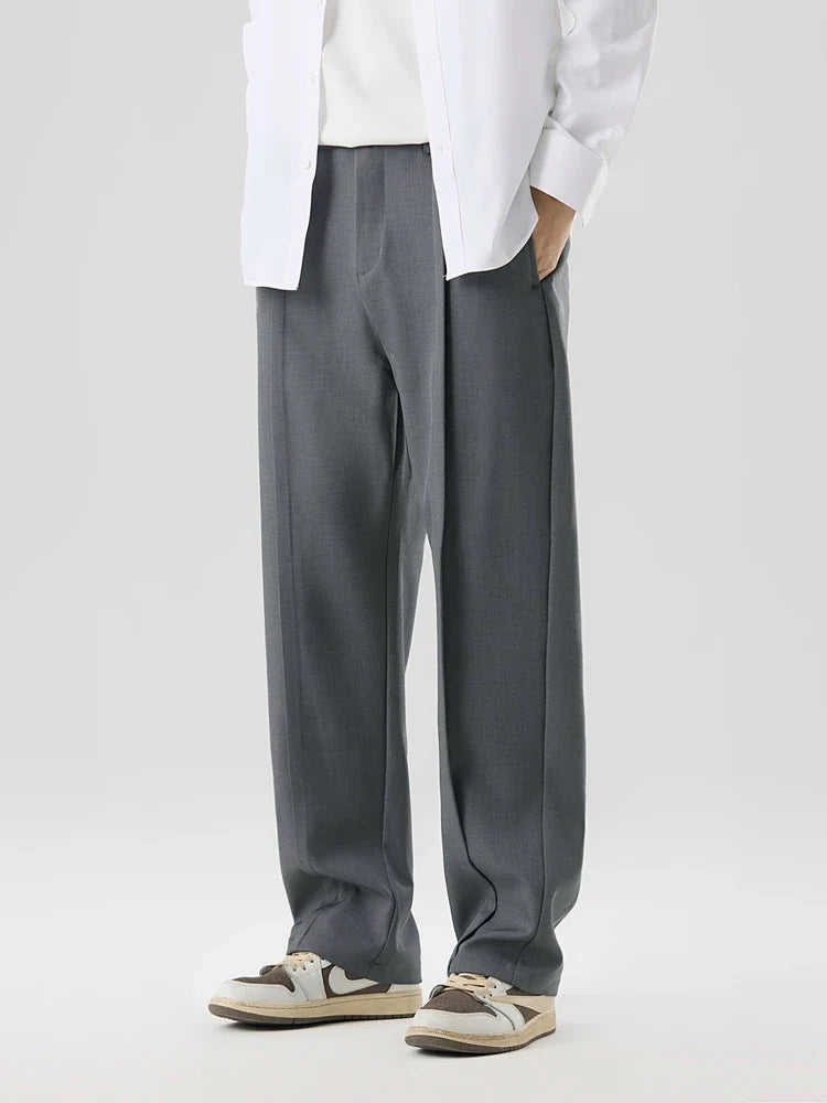 2023 New Autumn Casual Pants Men Korean Fashion Banded Waist Stretch Wide Leg Pleated Suit Slacks Straight Loose Drape Trousers