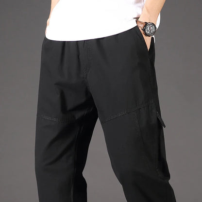 Men's Overalls Cotton Cargo Pants Casual Sports Sweatpants Stretch Waist Work Utility Dungarees Black Gym Jogger Trousers