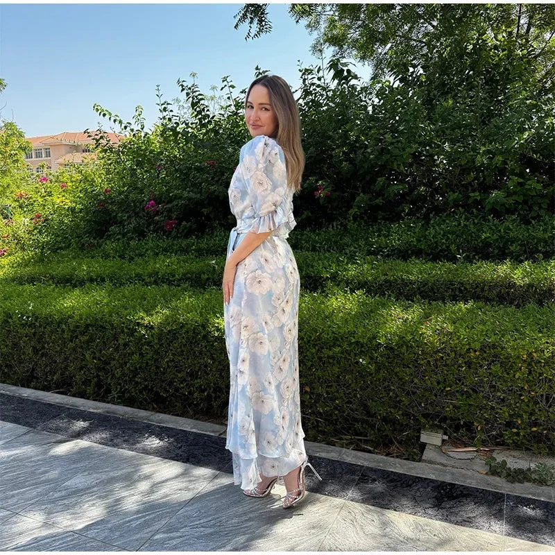 V-neck Organza Floral Chiffon Puff Sleeve Slit Long Dress Bodycon High Slit Bodycon Sexy Dresses Lady Chic Daily Sweet Date Robe