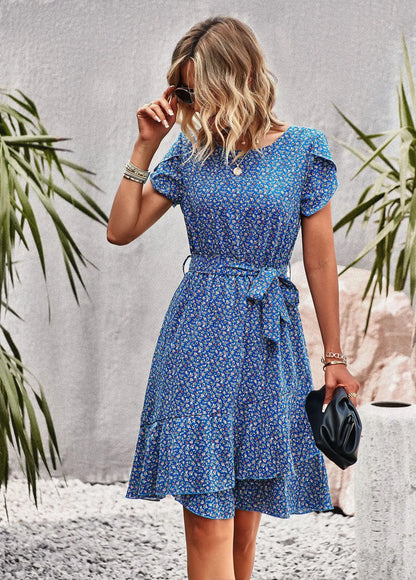 Summer O Neck Casual Printd Women Strap High Waist Pleated Floral Dress