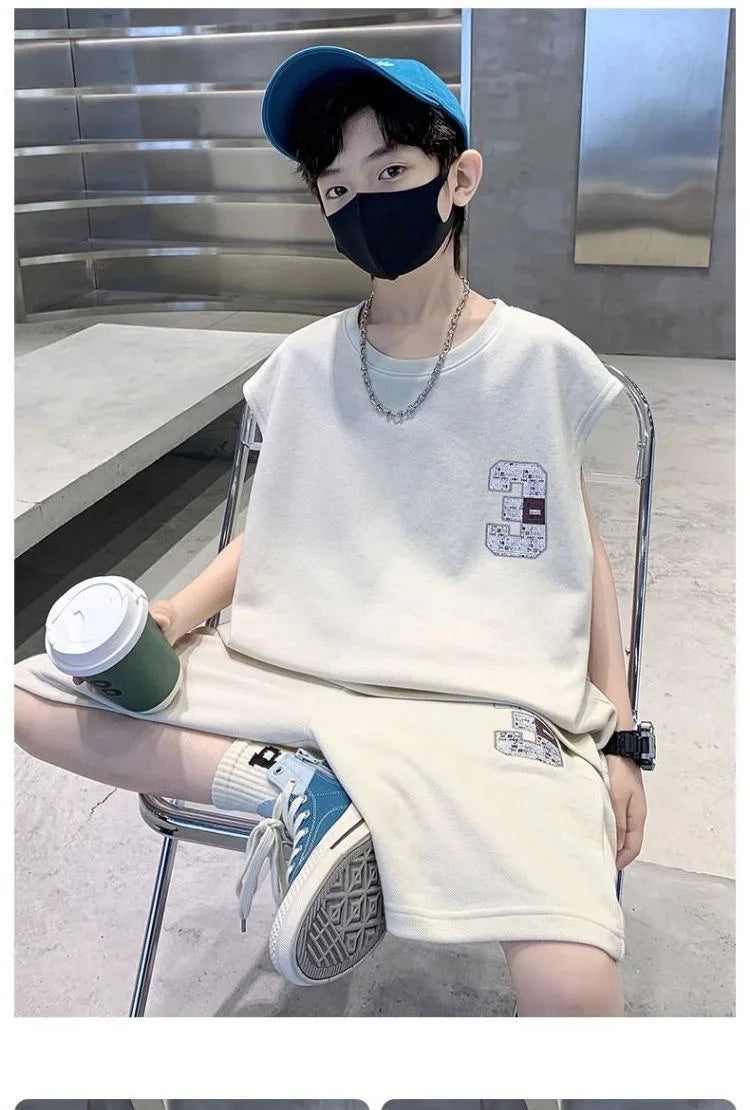 Summer Boys Loose Sleeveless Printed T-Shirt Tops+Shorts Pant School Kids 2PCS Tracksuit Child Outfit Student Workout Set 5-16Yr