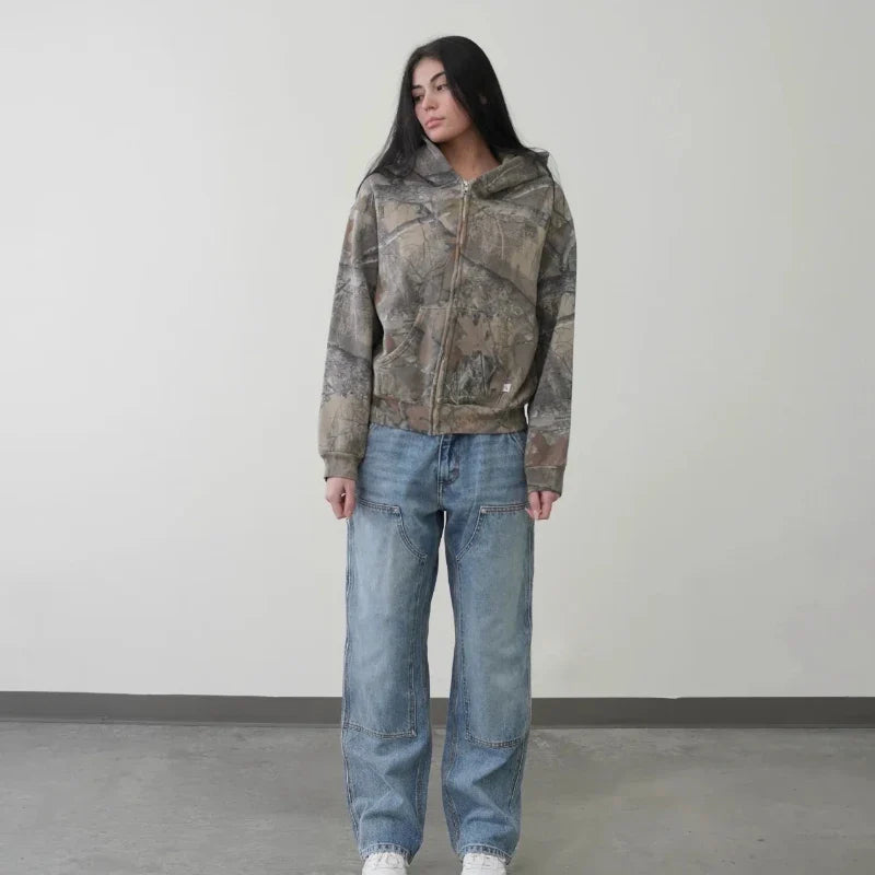Y2K Retro Zip Up Hoodie Men Camouflage Pattern Zipper Sweatshirt High Street Hip Hop Streetwear Oversized Unisex Camo Hoodie