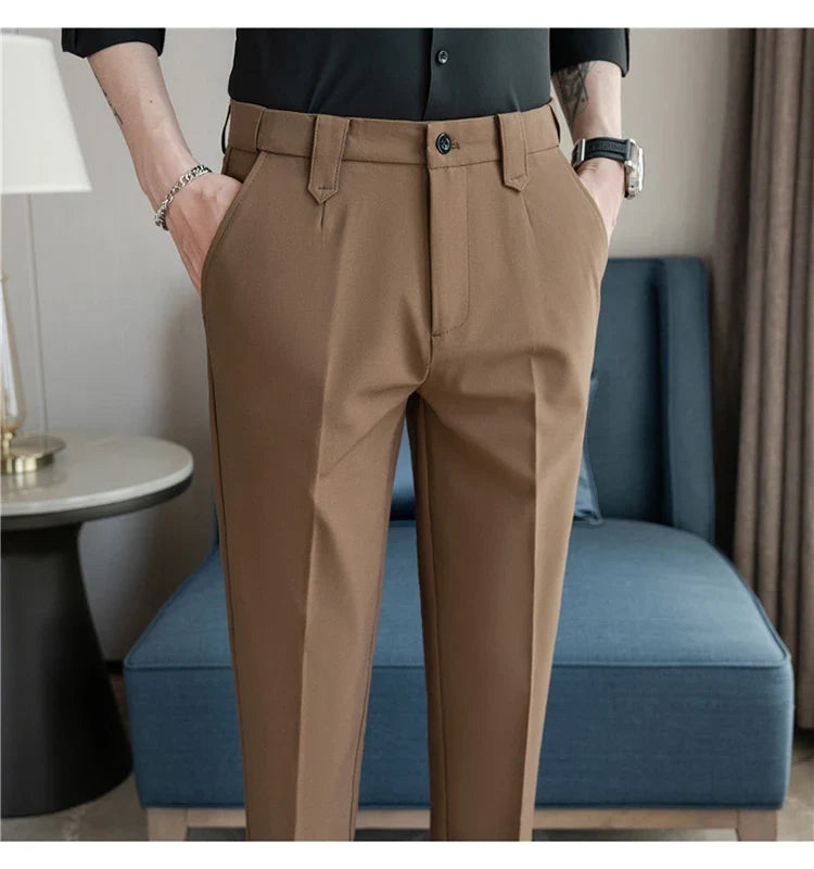 Elastic Waist Solid Color Suit Pants Men Formal Slim Fit Business Casual Trouser High Quality Social Wedding Fashion Dress Pant