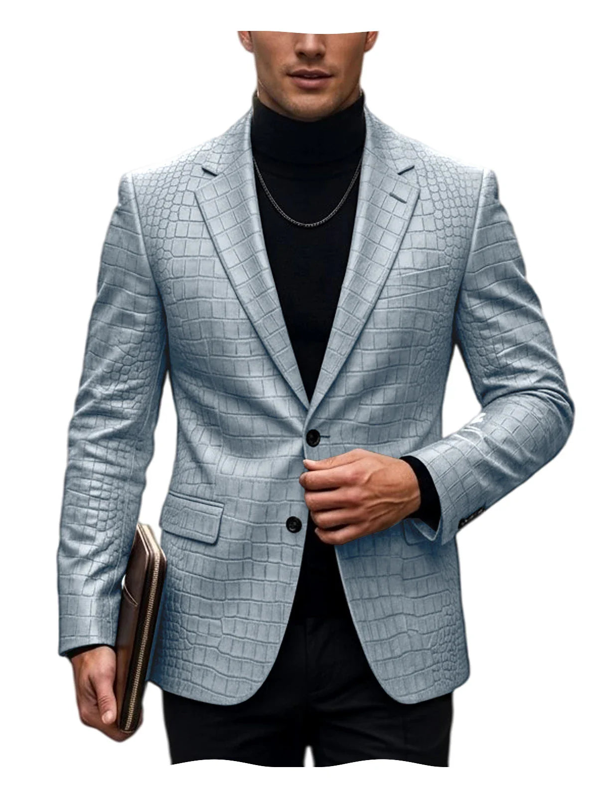 Men's Crocodile Embossed Leather Blazer British Vintage Notched Lapel Slim Fit Business Suit Jacket Two Button Flap Pockets Coat