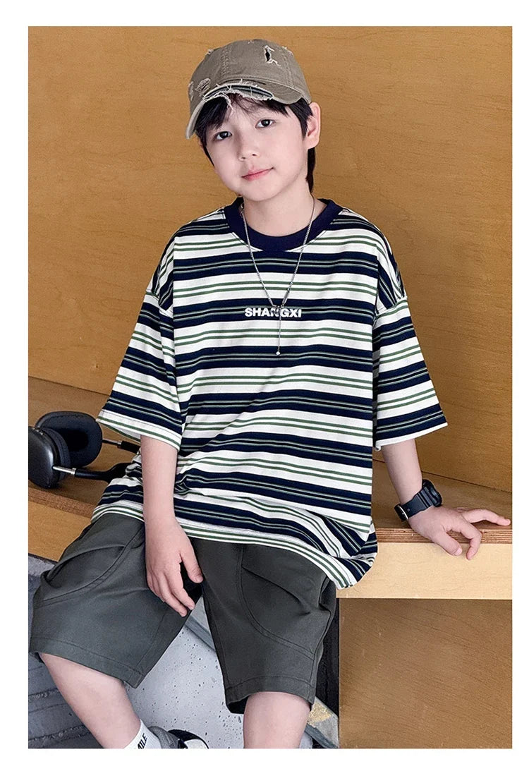 Korean Kids Striped Summer Suit for Boys Top and Bottom Set Children Cotton Short Sleeve T-shirt and Cargo Shorts Clothes Set