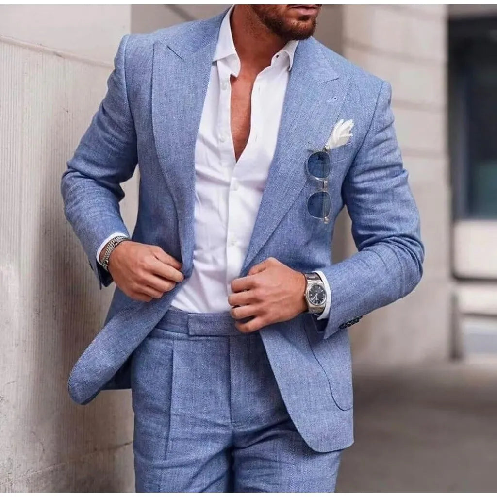 Men's Linen Suit 2 Piece Slim Fit Suit Summer Beach Wedding Suit Groosmen Prom Tuxedo Linen Blazer Pants Set