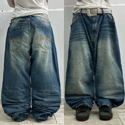 American New Fashion Oversize Pattern Embroidered Baggy Jeans Men Y2K Gothic Harajuku Hip Hop Straight High Waist Wide Leg Pants