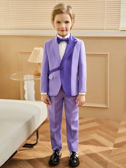 Stylish Purple Kids Tuxedo 3 Pieces Blazer Pants With Bow-tie Dancing Wear Handsome Boys Full Sleeve Suits For Party