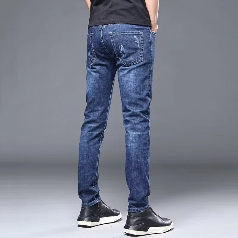 Men's Stylish Classic Business Casual Jeans Four Seasons Wear Black Blue Pants Middle-waist Leggings Denim Fabric Trousers Male