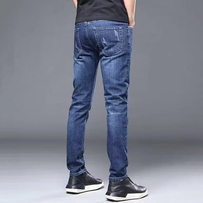 Men's Stylish Classic Business Casual Jeans Four Seasons Wear Black Blue Pants Middle-waist Leggings Denim Fabric Trousers Male