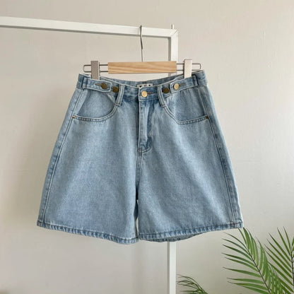New 2024 Summer Denim Shorts For Women High Waist Sky Blue Color Wide Leg Loose Buttons Streetwear Loose Jean Shorts Women