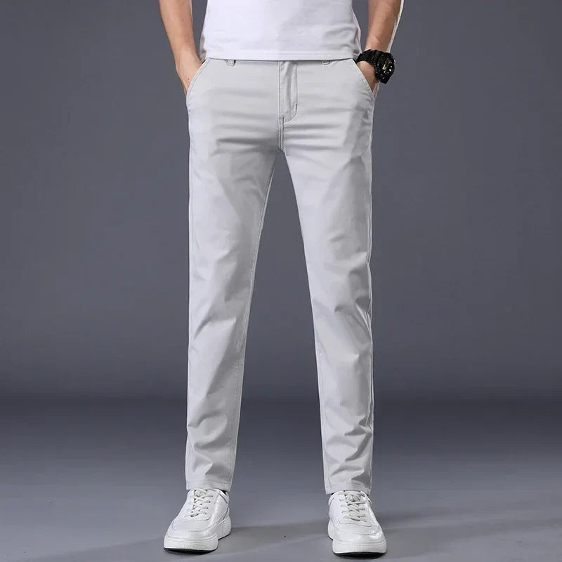 Summer Thin Men's Casual Pants Cotton 7 Colors Classic Style Elastic Straight Slim Fit Business Fashion Long Trousers Male