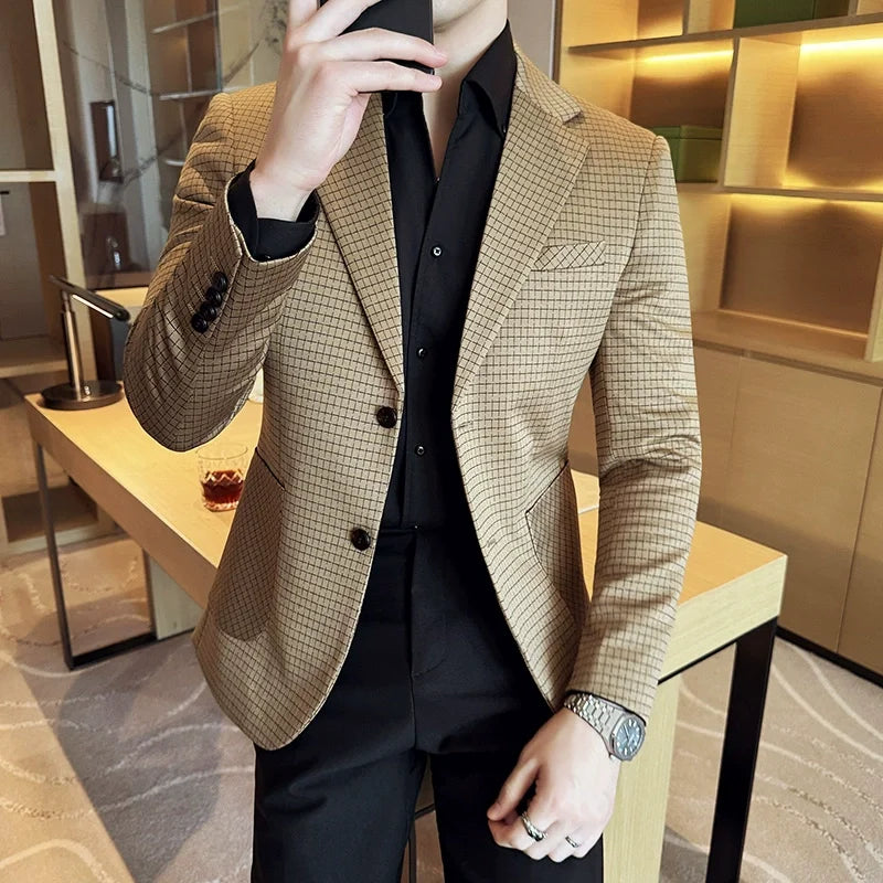 British Style Plaid Suit Jacket For Men 2025 New Business Casual Slim Blazer Formal Wedding Party Suit Dress Coats Men Clothing