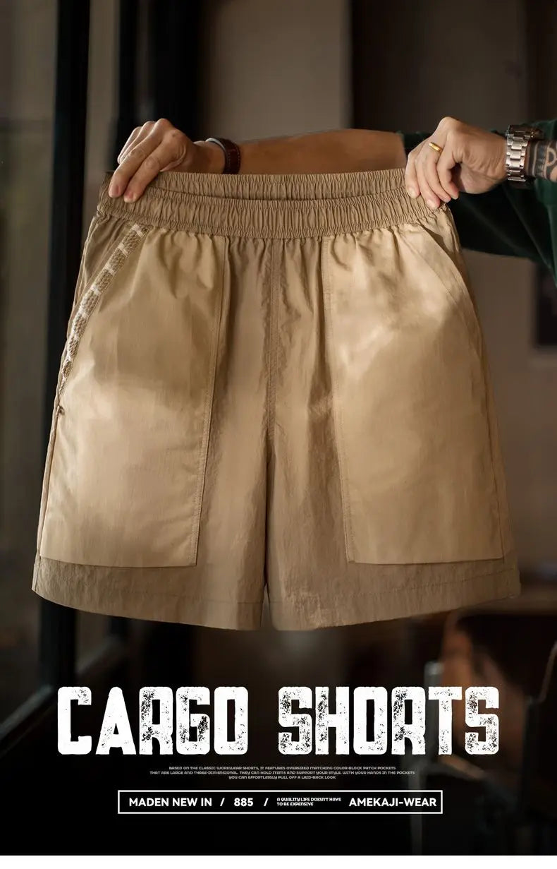 Maden Outdoor Quick-Dry Khaki Cargo Shorts Men's Summer Lightweight Woven Straight Leg Beach Pants Elastic Waist Pocket Shorts