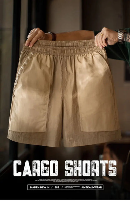 Maden Outdoor Quick-Dry Khaki Cargo Shorts Men's Summer Lightweight Woven Straight Leg Beach Pants Elastic Waist Pocket Shorts