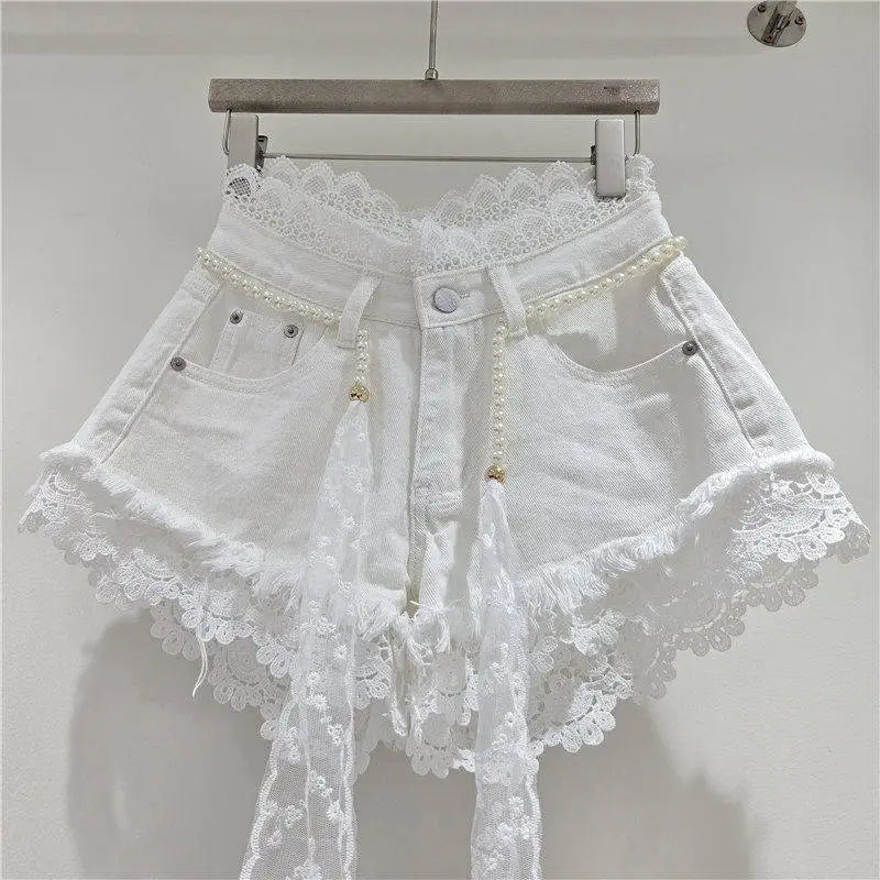 American Crochet Lace Denim Shorts With Pearl Sashes Summer Casual Fashion Women's Sweet Lace Patchwork Fringed Hot Jeans