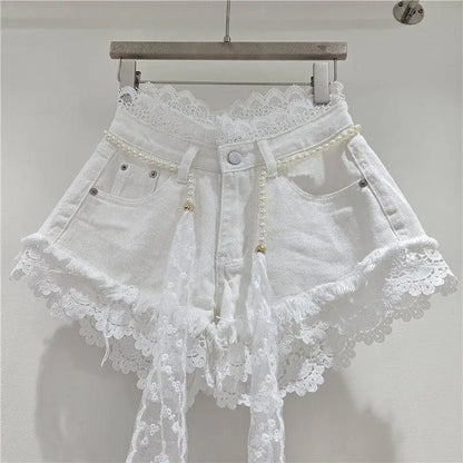 American Crochet Lace Denim Shorts With Pearl Sashes Summer Casual Fashion Women's Sweet Lace Patchwork Fringed Hot Jeans