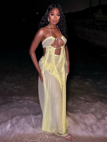 Prom Party Gown Dress Woman Sexy See Through Luxury Chain Halter Low-Neck Backless Sleeveless Midnight Elegant Vestidos