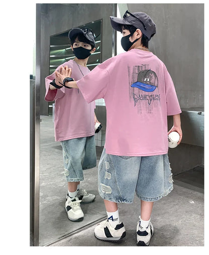 2025 New Summer Clothing Set for Kids Boy Luxury Summer Suit Children Cotton T-shirt And Denim Shorts 2 Pieces Tracksuit Outfit