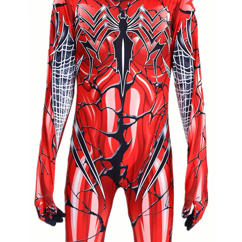 Kids Red  Spider Costume with Mesh Mask Zipper Hooded Jumpsuit for Halloween Party Cosplay Mardi Gras Performance Costume