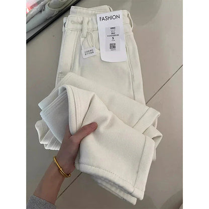 White Slim Wide Leg Denim Jeans Women's Spring New Large Size Casual Pants Loose Straight Hip Covering Slimming Effect