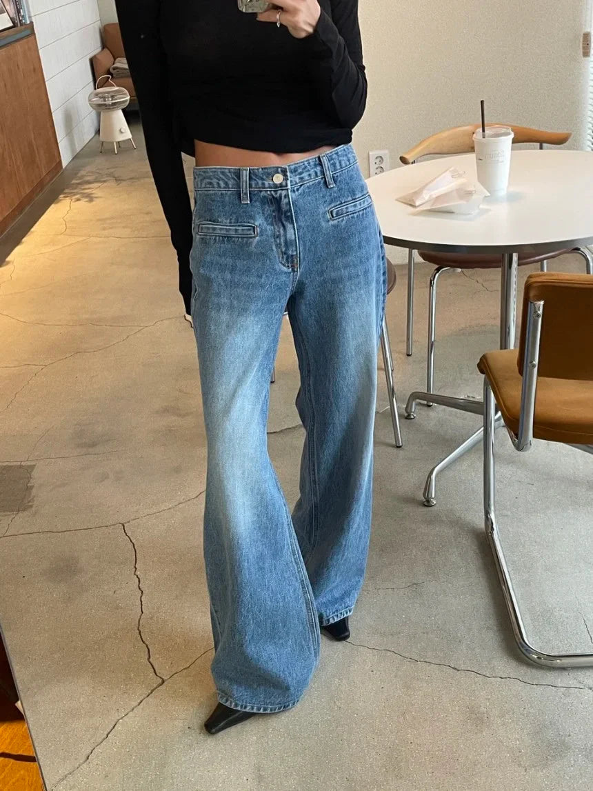 Retro High Waist Slim Fit Blue Jeans Women's Autumn Winter Straight Leg Long Pants Wide Leg Pants Classic Waed Denim