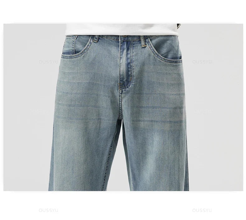New Summer Thin Soft Lyocell Fabric Men's Jeans Classic Straight Denim Pants Work Wide Leg Casual Trousers Male Big Size 40 42