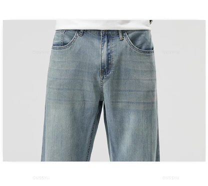 New Summer Thin Soft Lyocell Fabric Men's Jeans Classic Straight Denim Pants Work Wide Leg Casual Trousers Male Big Size 40 42