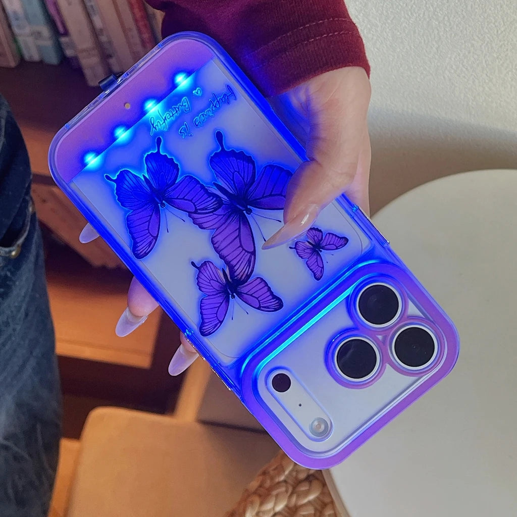 5 Color Change Luminous Call Light Up Flash Romantic Purple Butterfly Phone Cover Case for iPhone 17 16 15 14 13 Pro Max Plus