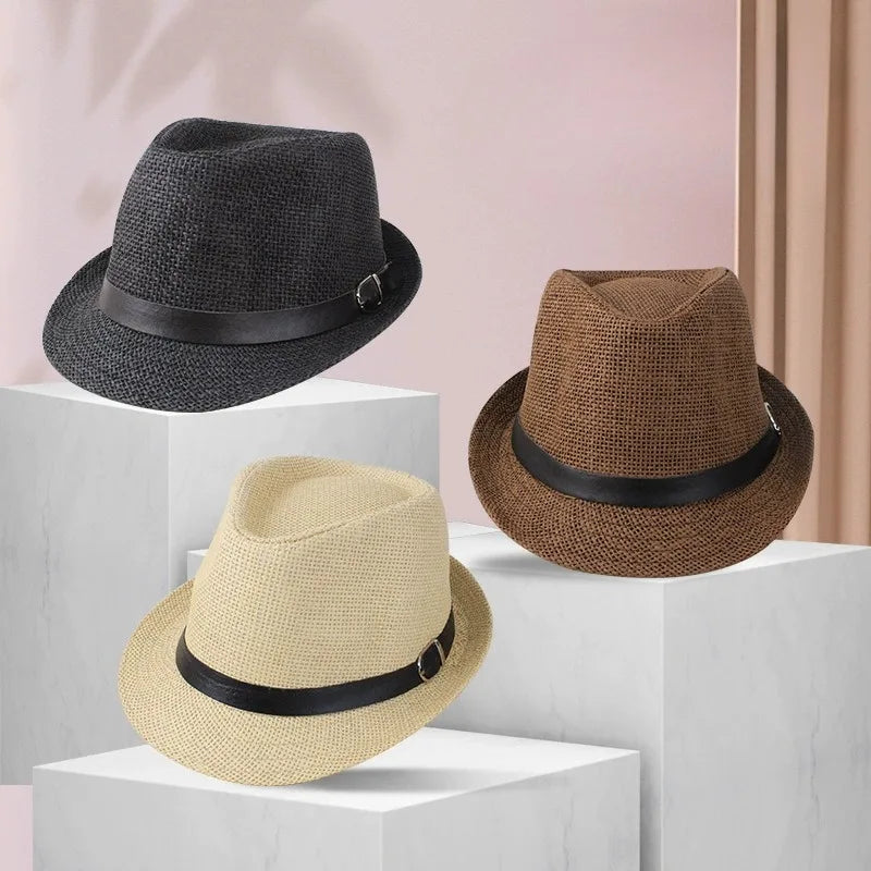 Fashion Straw Hat Men Women Summer Trendy Beach Sun Hats Solid Color Fedoras Ribbon Casual Cowboy Jazz Cap Gangster Cap Male