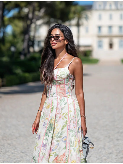 Women's Retro Floral Print Corset Maxi Dress Sexy Sleeveless Halter Neck Flowy Long Dress Lady Summer Vacation Dating Streetwear