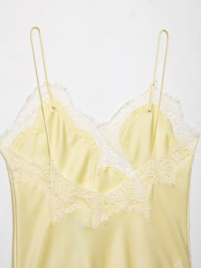 Women Fashion Lace Patchwork Straps Top Irregular Hem Spaghetti Straps V-Neck Hollow Sexy Tops 2026 Summer Night Date Wear