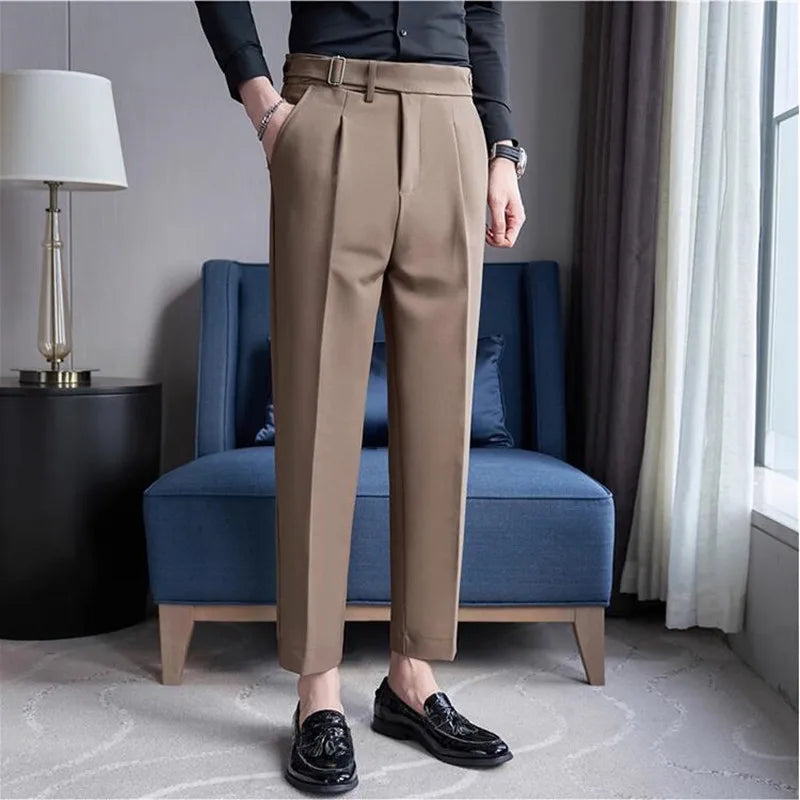 2026 Texture Naples Men's Solid Color Casual Pants Fashion Belt Design Slim Fit Suit Pants Formal Wear Wedding Social Trousers