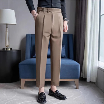 2026 Texture Naples Men's Solid Color Casual Pants Fashion Belt Design Slim Fit Suit Pants Formal Wear Wedding Social Trousers