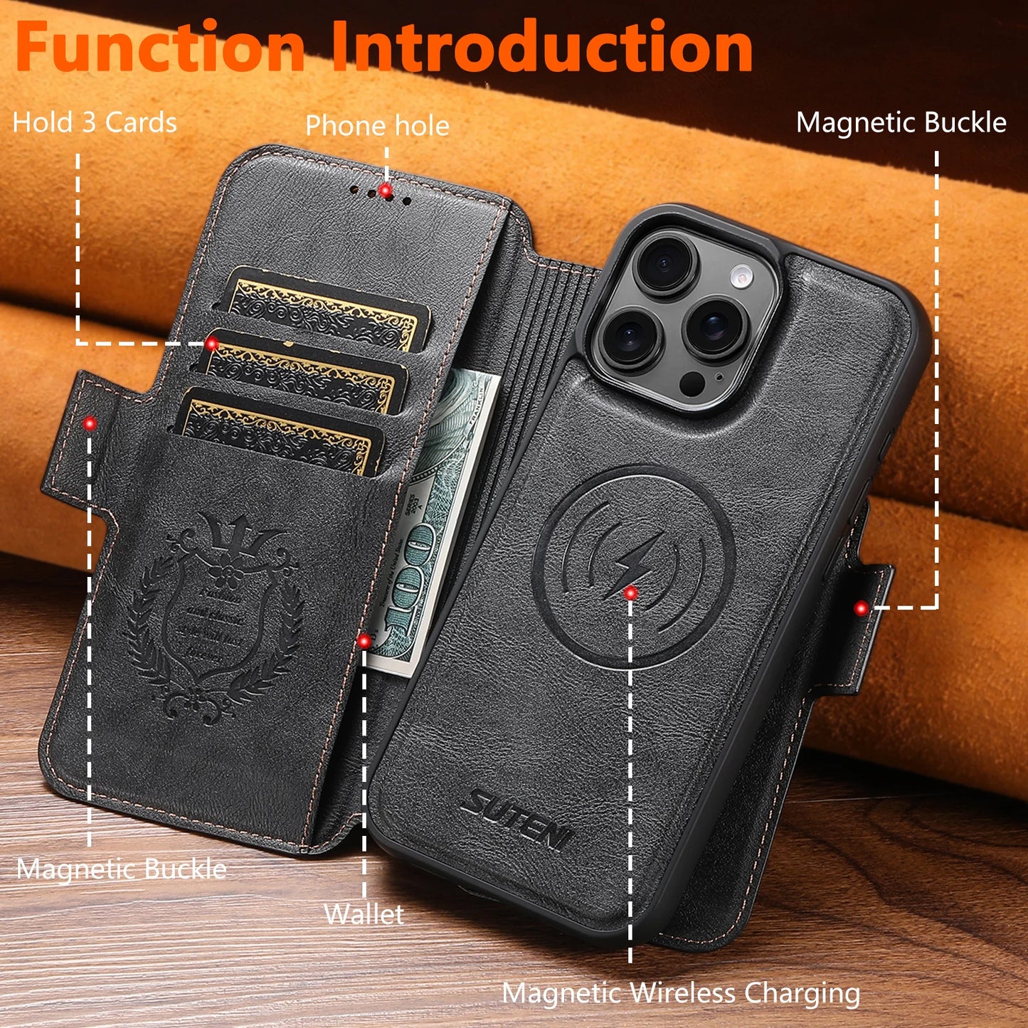 Faux Leather Wireless Charging Card Holder Stand Wallet Magnetic Flip Cover Phone Case For iPhone 16 Pro Max 15 Plus 14