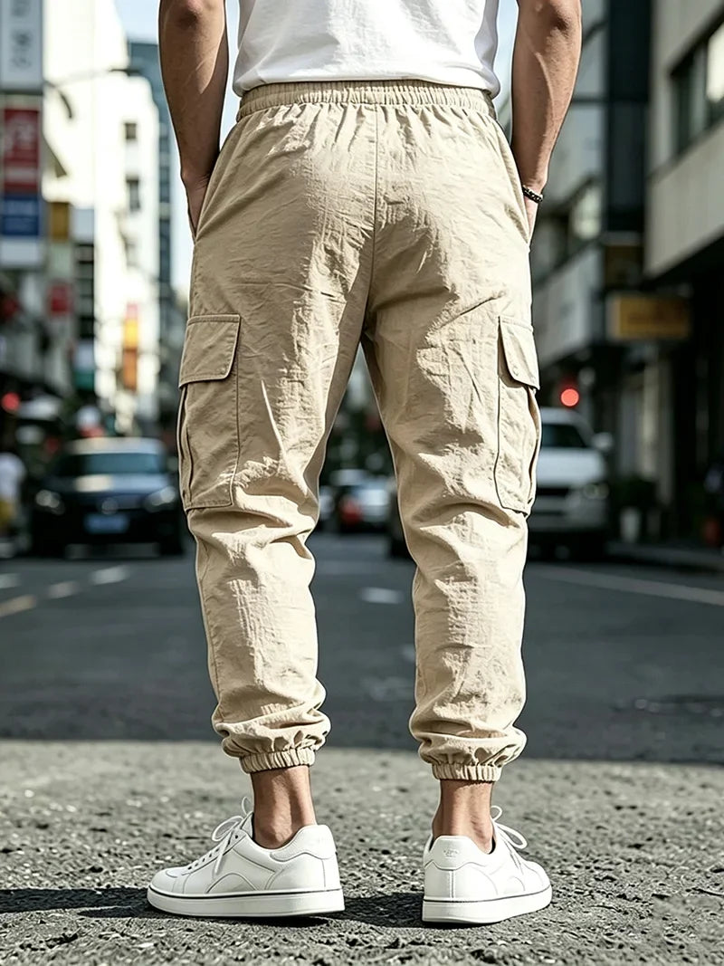 Men's Cotton Linen Blend Cargo Jogger Pants Elastic Waist Drawstring Multi Pockets Casual Breathable Streetwear Trousers for Men