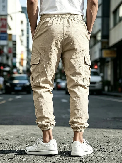 Men's Cotton Linen Blend Cargo Jogger Pants Elastic Waist Drawstring Multi Pockets Casual Breathable Streetwear Trousers for Men