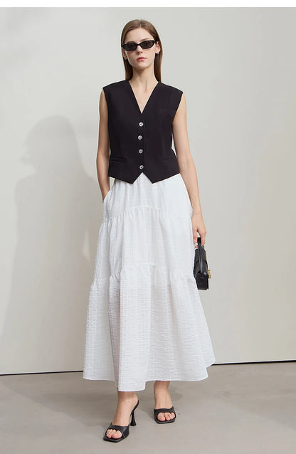Minimalist Casual Halter Skirt Women 2025 Summer New Office Lady Solid Color Pockets Loose A line Cake Long Skirt 12542072