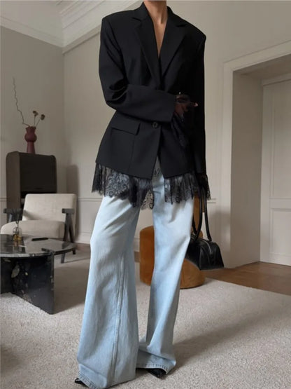 Elegant Lace Blazer Coat Women Fashion Office Lady Full Sleeve Single Breasted Jackets 2025 New Autumn Black Casual Slim Coats