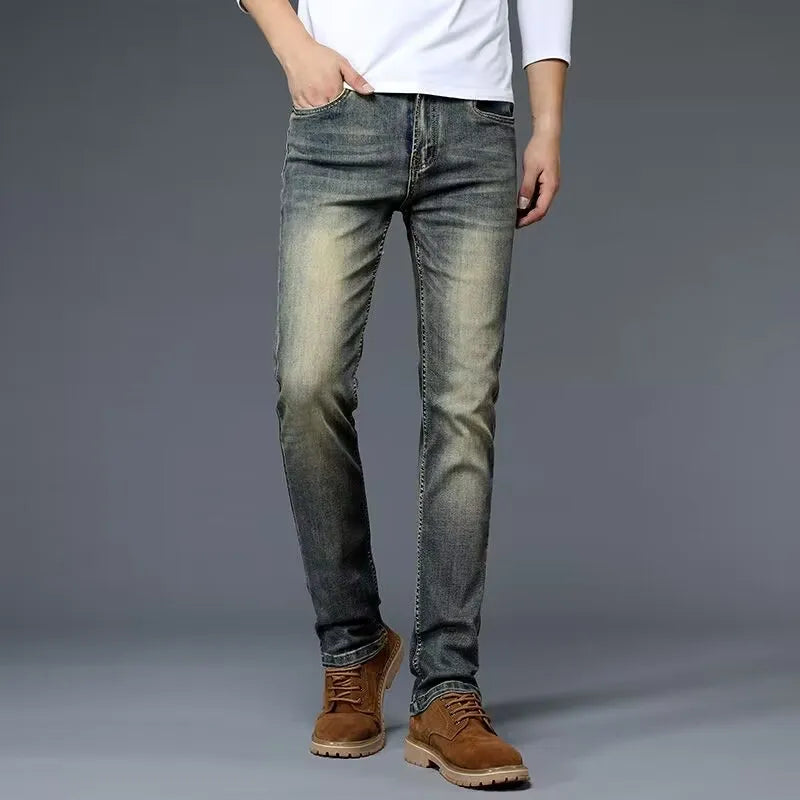 High-End Retro Men's Straight Leg Stretchy Jeans Fashionable Urban Casual Long Trousers Spring Autumn Cotton Stretch Denim