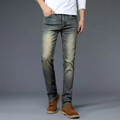 High-End Retro Men's Straight Leg Stretchy Jeans Fashionable Urban Casual Long Trousers Spring Autumn Cotton Stretch Denim