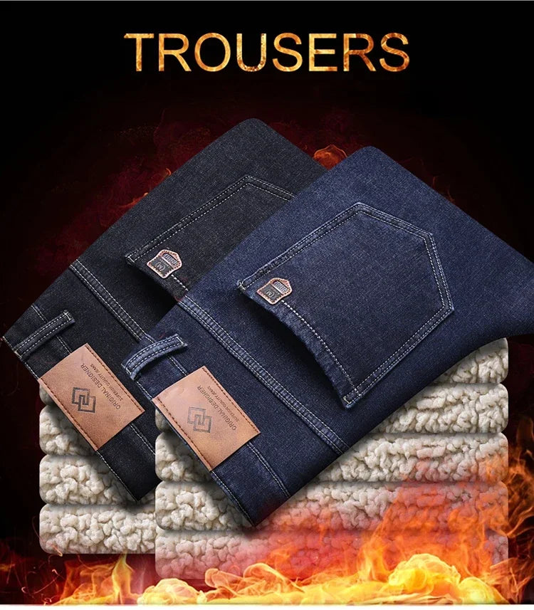 Winter Men's Fleece Thick Sherpa Jeans Business Casual Velvet Straight Denim Pants Male Wool Plush Classic Stretch Trousers