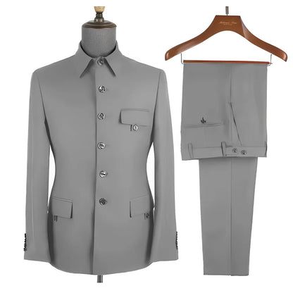 Royal Blue Formal Men's Suit 2 Piece Set Stand Collar Blazer Pants Slim Fit Wedding Groom Tuxedo Party Dress