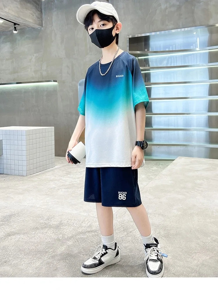 Summer Boys Gradient Quick-dry T-Shirt Top+Shorts Pant Sportswear Set School Kids 2PCS Tracksuit Children Jersey Outfit 5-16 Yr