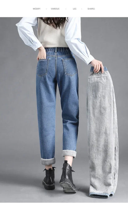 Winter Warm Slim Jeans Ladies Casual Denim Pencil Pants Thick Velvet Women Jeans High Waist Skinny Straight Jeans Fleece