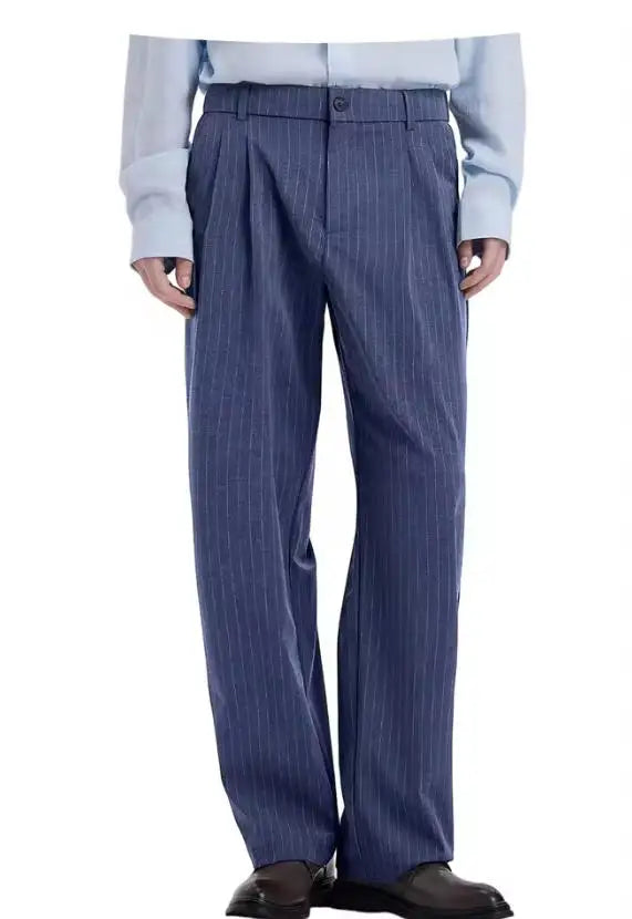 Stripe Men's Pants Slant Pockets Pleated Wide Leg High Waist Loose Fit Button Fly Business Casual Daily Office All-Match Trouser